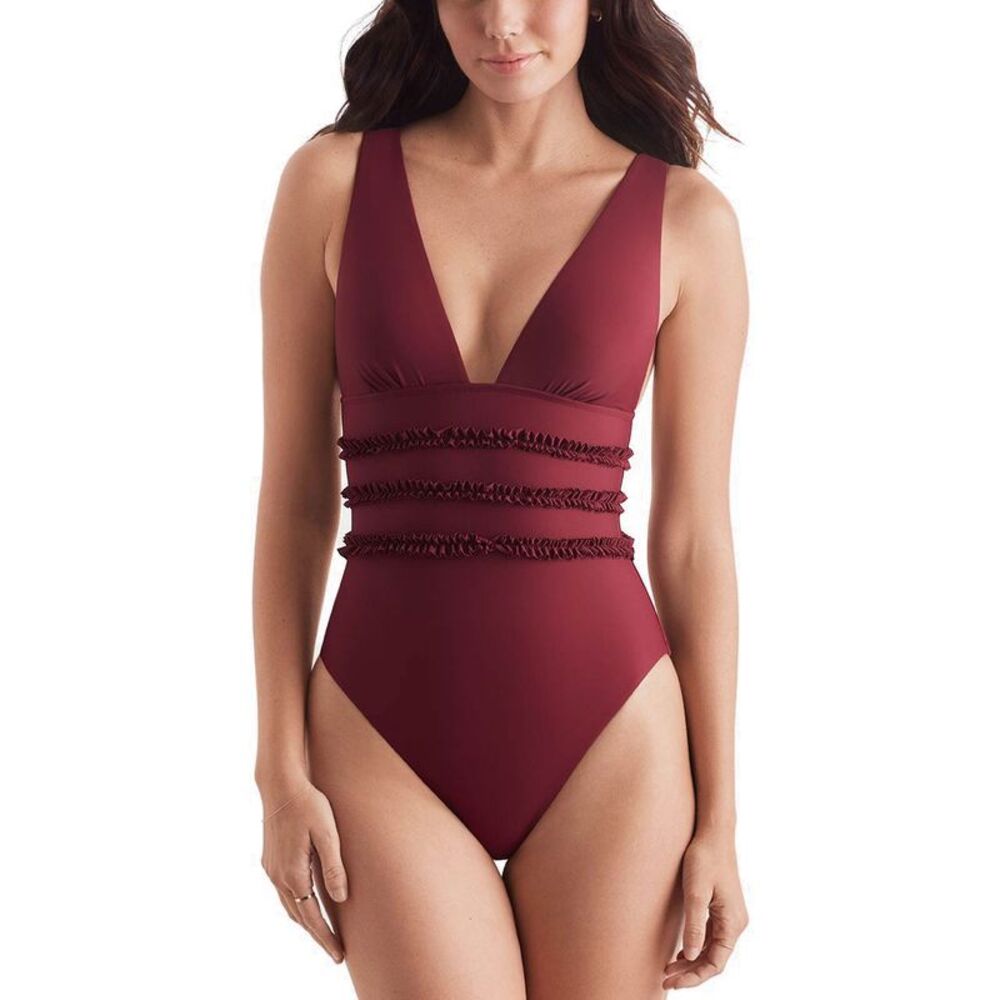 Mimi Flamingo Womens Sonny Ruffled One-Piece Swimsuit 16 Henna - NWT